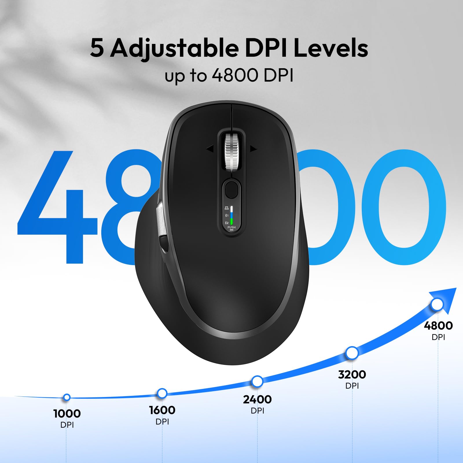 Ratón inalámbrico recargable por Bluetooth con 8 botones programables, color negro | Ratón óptico ergonómico multidispositivo con 5 DPI ajustables para laptop, iPad, PC, manos medianas a grandes