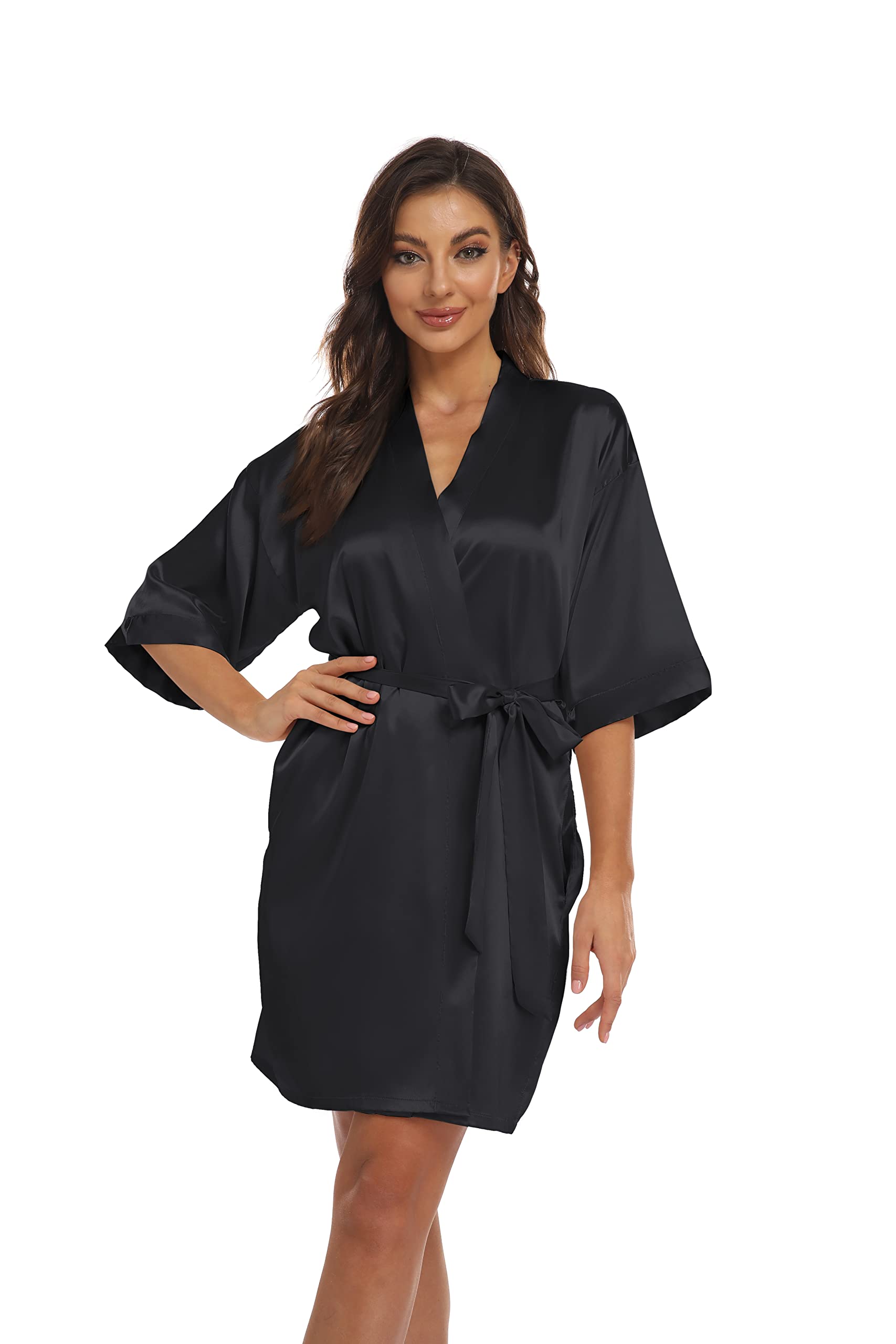 VASHOPWomen's Pure Short Kimono Robes Bride Bridesmaids Silky Bathrobe Lightweight Satin Sleepwear