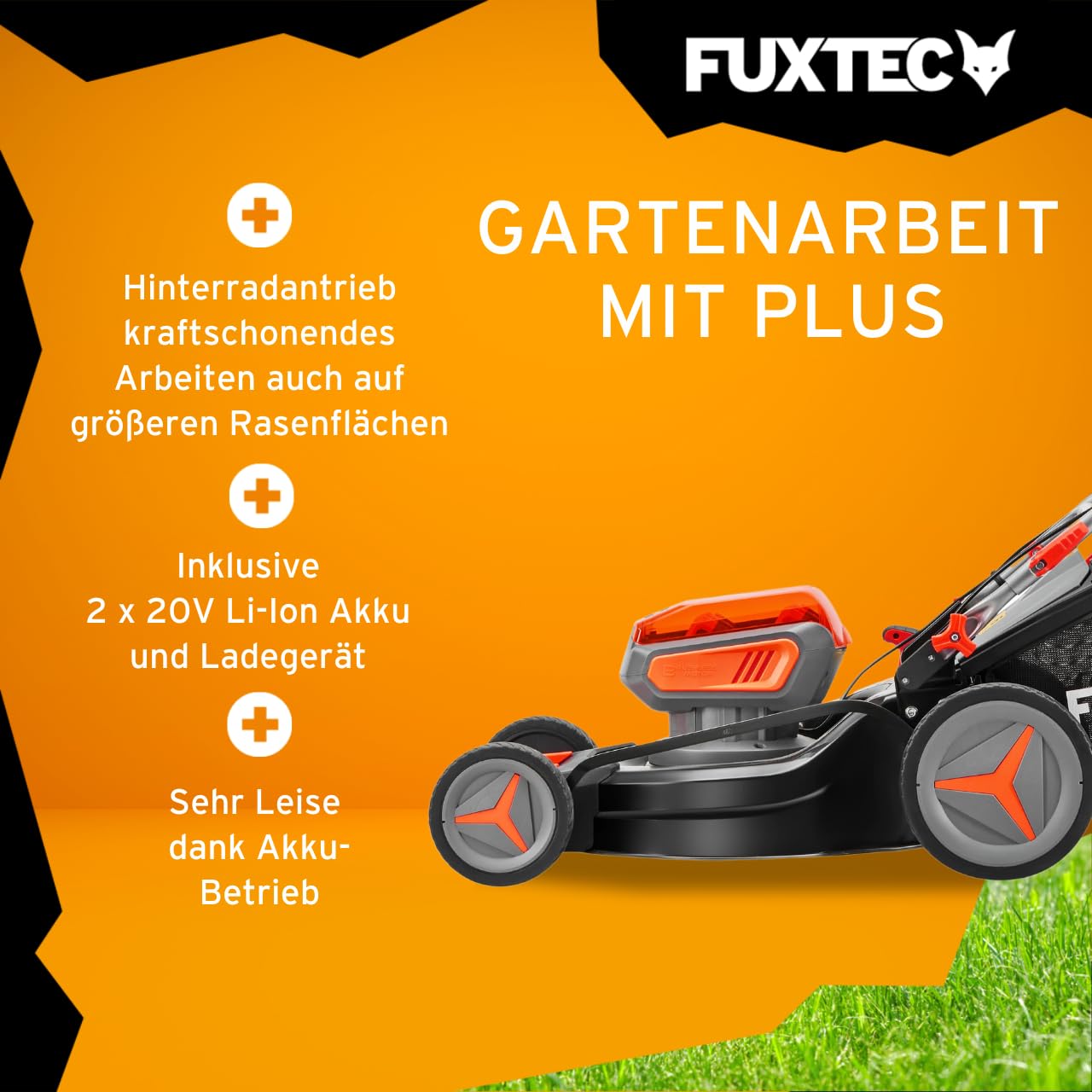 FUXTEC 4in1 Akku Rasenmäher 40V (2x20V) FX-E2RM46 inkl. 2x20V Li-Ion Batterie 4Ah & Doppelladegerät – Schnittbreite 46cm, Schnitthöhe 25-75mm & 50L Grasfangkorb – mit Mulch-Funktion und Seitenauswurf