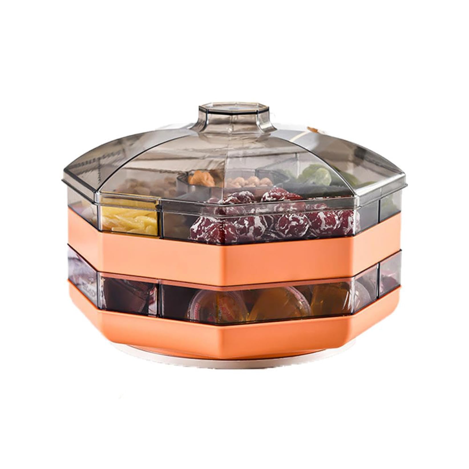 Plateau à fruits rotatif double couche avec couvercle – Plateau de service divisé pour fruits, noix, fruits secs et apéritifs – Design blanc élégant pour fêtes et rassemblements