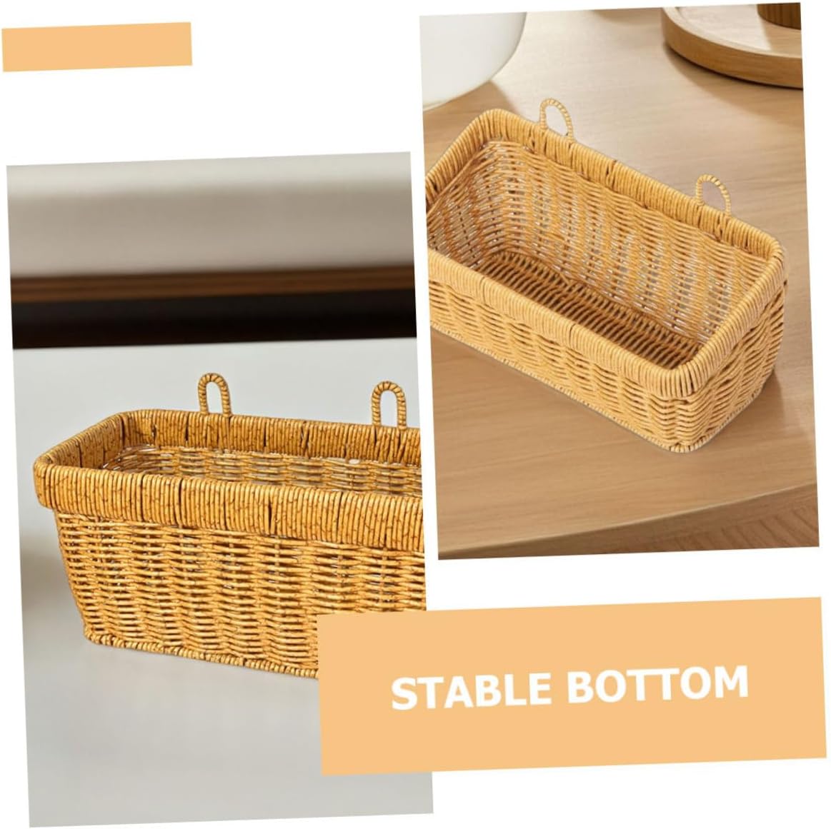 2pcs Kitchen Hanging Woven Wall Baskets Set – Plastic Rattan Imitation Storage Organizer for Vegetables, Fruits, Eggs – Large and Small Light Coffee Color for Kitchen Wall Mount
