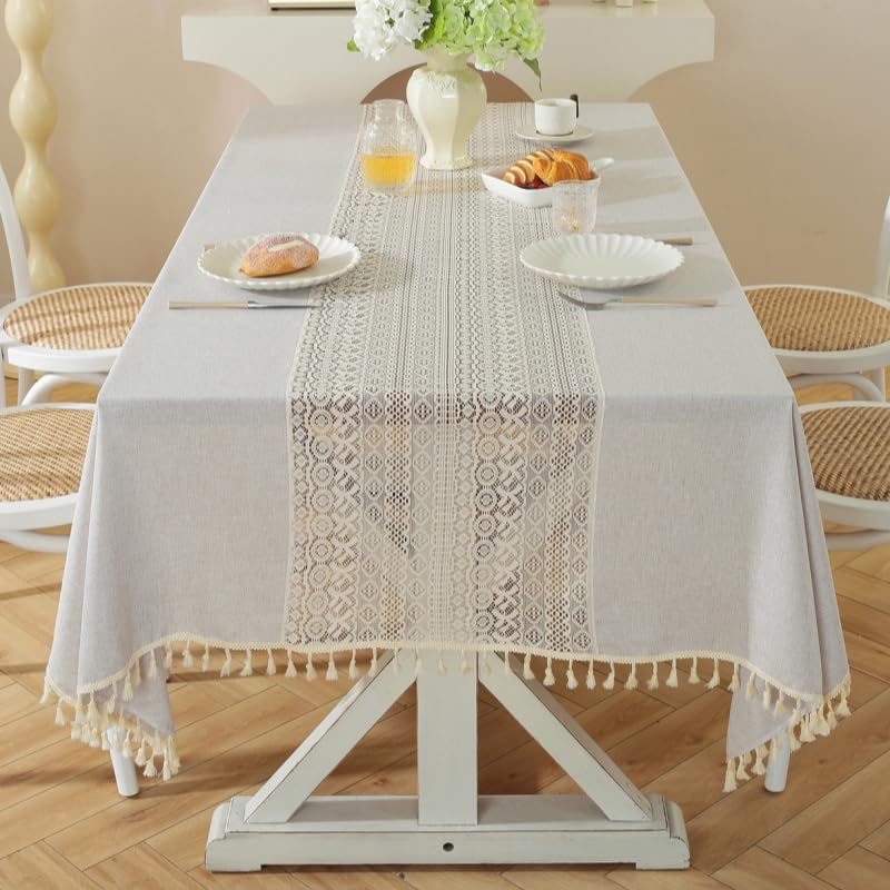KIJSKKOPO Manteles De Encaje Rectangulares Grandes, Beige, con Encaje Transparente Y Ribete De Borlas, para Mesa De Comedor Rústica De Granja, para Cocina, Fiesta, Boda, Picnic, Decoración De Jard