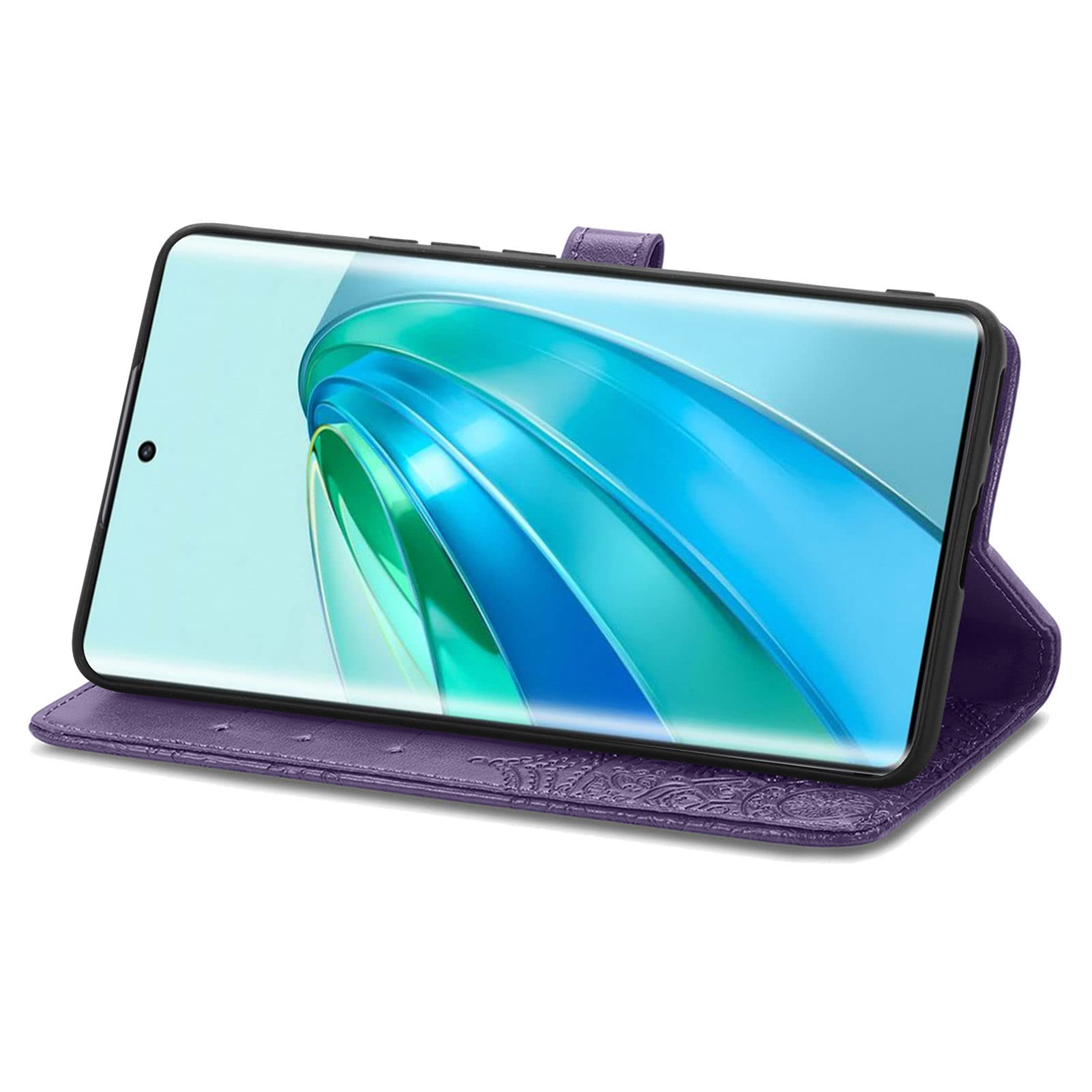 Custodia Portafoglio A Libro In Pelle Con Mandala Per Honor Magic 5 Lite 5G - Cover Con Porta Carte, Cavalletto E Cinghia, Colore Blu - 2