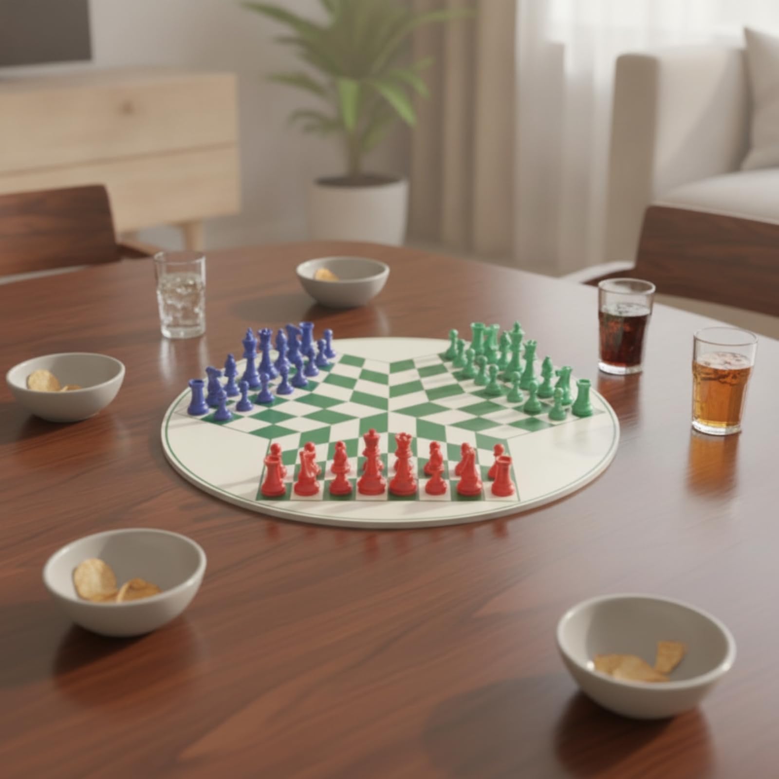 Jeu D'échecs à 3 Joueurs avec Plateau Rond Familial Jeu D'échecs à Trois Joueurs en Plastique Échiquier Coloré pour Écoles, Soirées Jeux