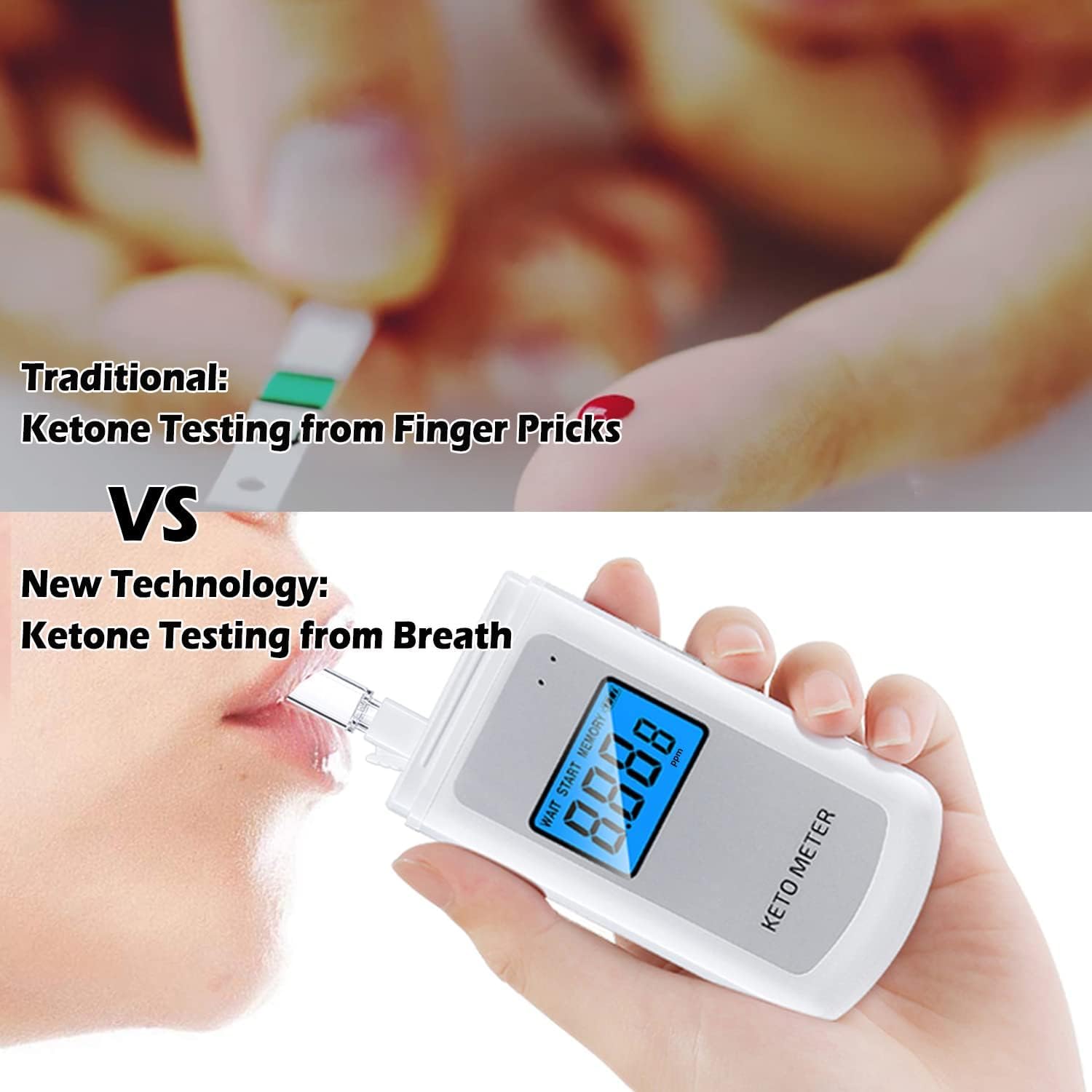 Ketone-Atemmessgerät Professionelles Ketone-Atemmessgerät Tragbares Ketose-Atemmessgerät USB-aufladbares Ketone-Atemmessgerät mit 10 austauschbaren Mundstücken für Ketosetests
