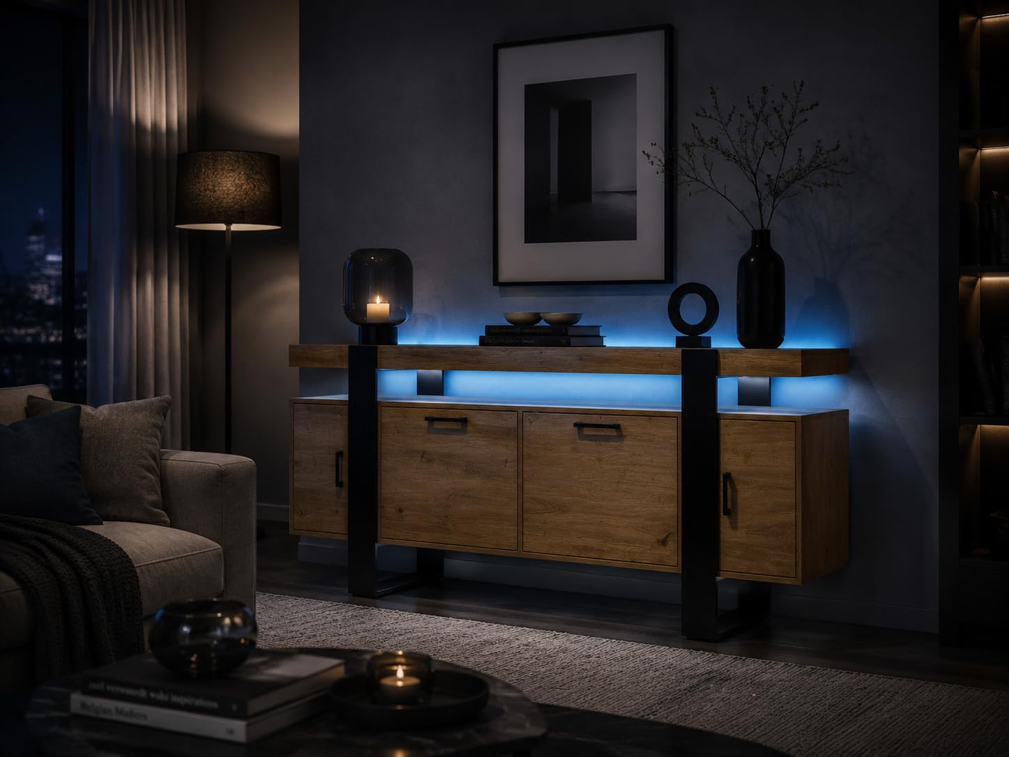 Mueble TV Alto (2 Paquetes) para TV de hasta 60 Pulgadas, Aparador Sideboard con Puertas, 140x40x80 cm, Cómoda para Comedor Entrada Pasillo, Efecto Roble y Negro