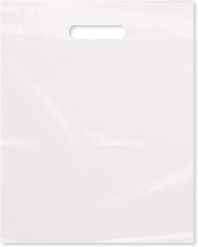 Bolsa de plástico con asa troquelada de 12 x 15 pulgadas bolsas de plástico blanco paquete de 100 unidades para venta al por menor regalos ferias Bolsa de plástico con asa troquelada de 12 x 15 pulgadas bolsas de plástico blanco paquete de 100 unidades para venta al por menor regalos ferias