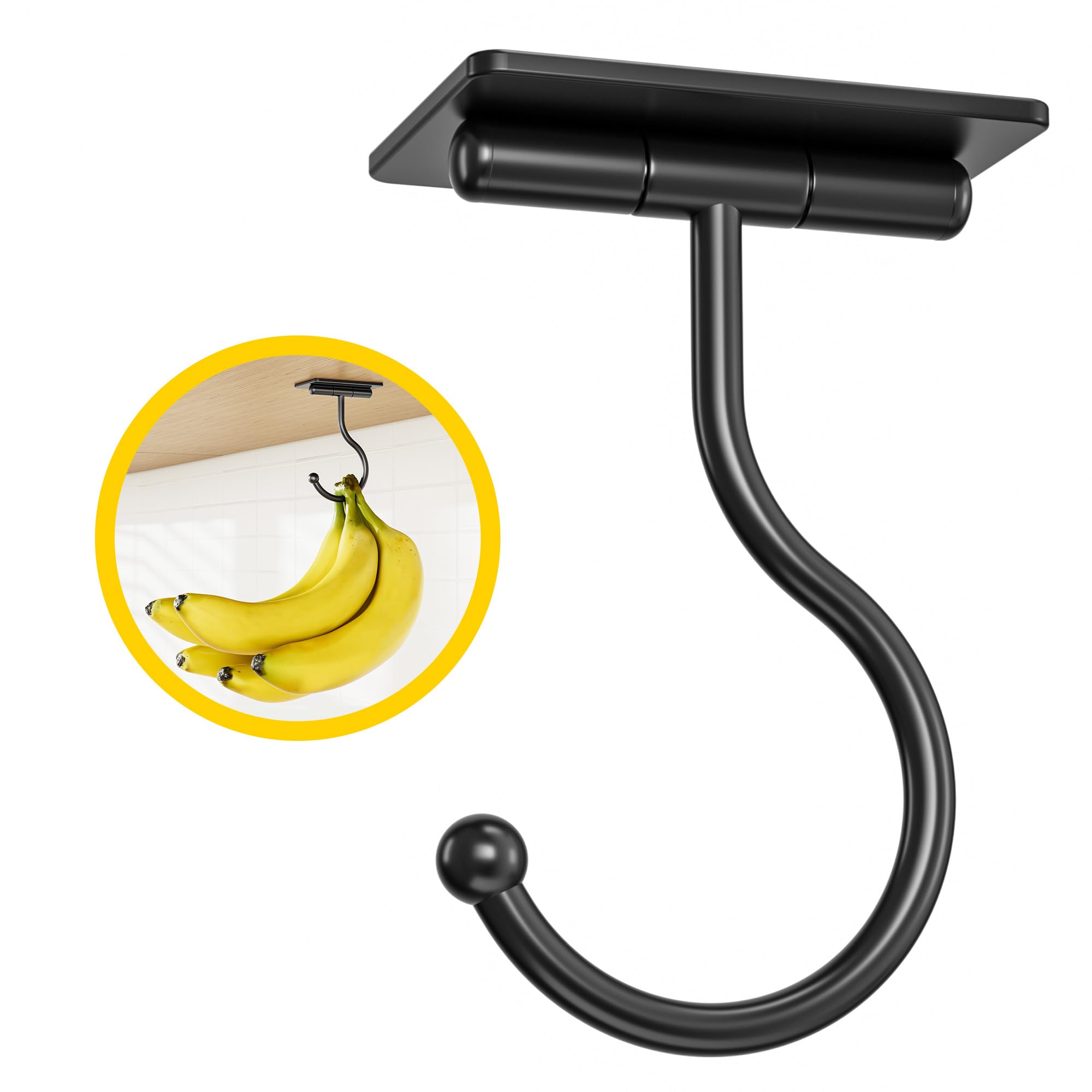 Josmimic Under Cabinet Banana Hook Adhesive - Sticky Banana Hanger Under Counter, Sturdy Metal Banana Holder for Hanging Bananas or Kitchen Utensil, Banana Saver, Keeps Bananas Fresh, Black