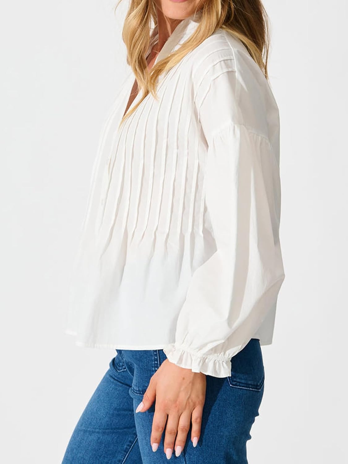 Women's Button Down Shirts Mandarin Collar V Neck Long Sleeve Blouse Pleated Shirt - Image 3