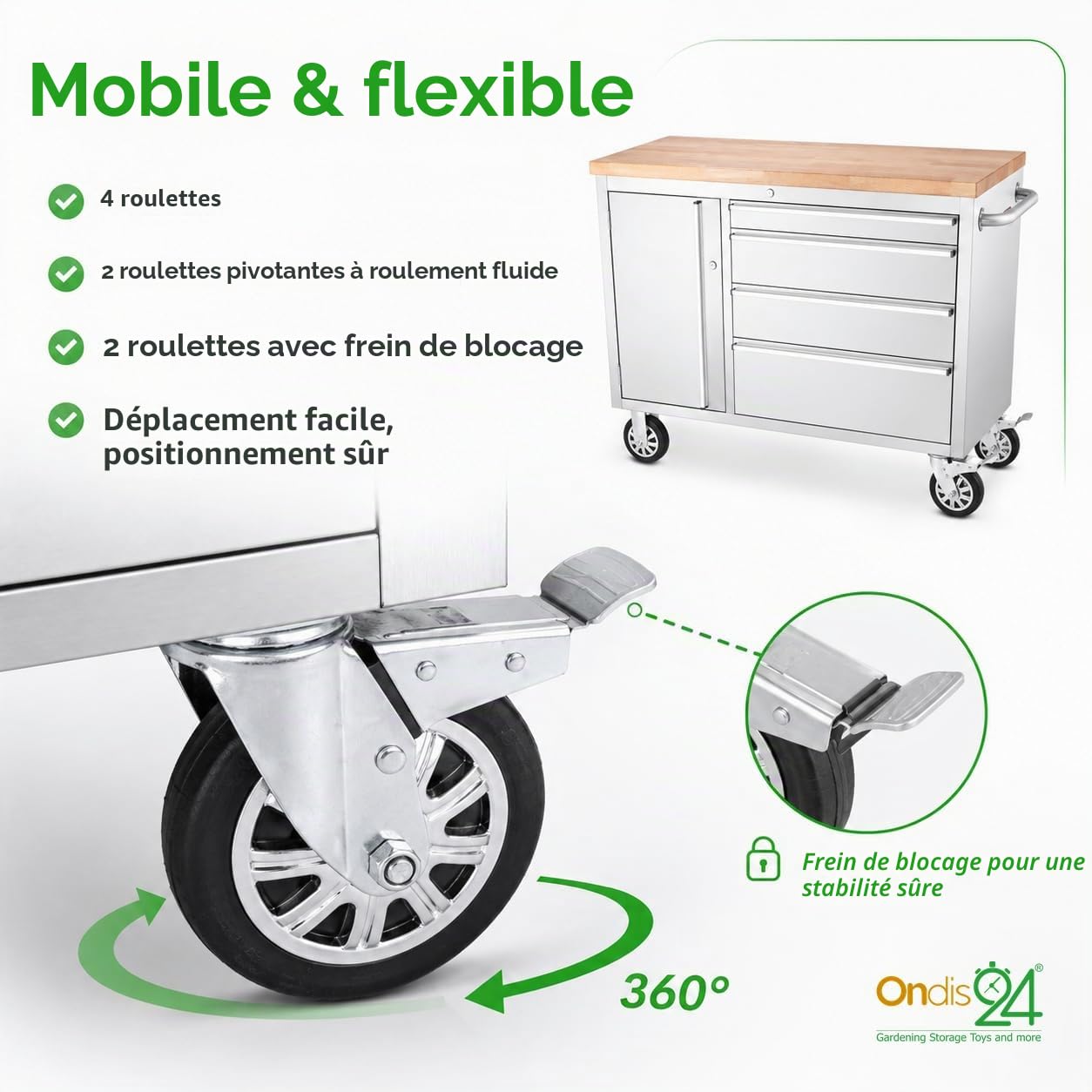Ondis24 Chariot d'atelier en acier inoxydable avec 4 tiroirs à roulement facile et plan de travail en bois massif XL - Roulettes pivotantes - Gris - 130 x 49 x 92 cm