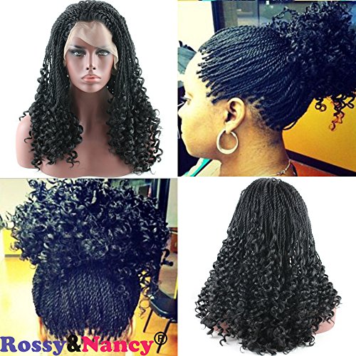 Rossy&Nancy Black Twist Braids Hair Wigs Curly Braided Lace Front Wig with Baby Hair Synthetic Heat Resistant Fiber Glueless Half Hand Tied for Women 20inch