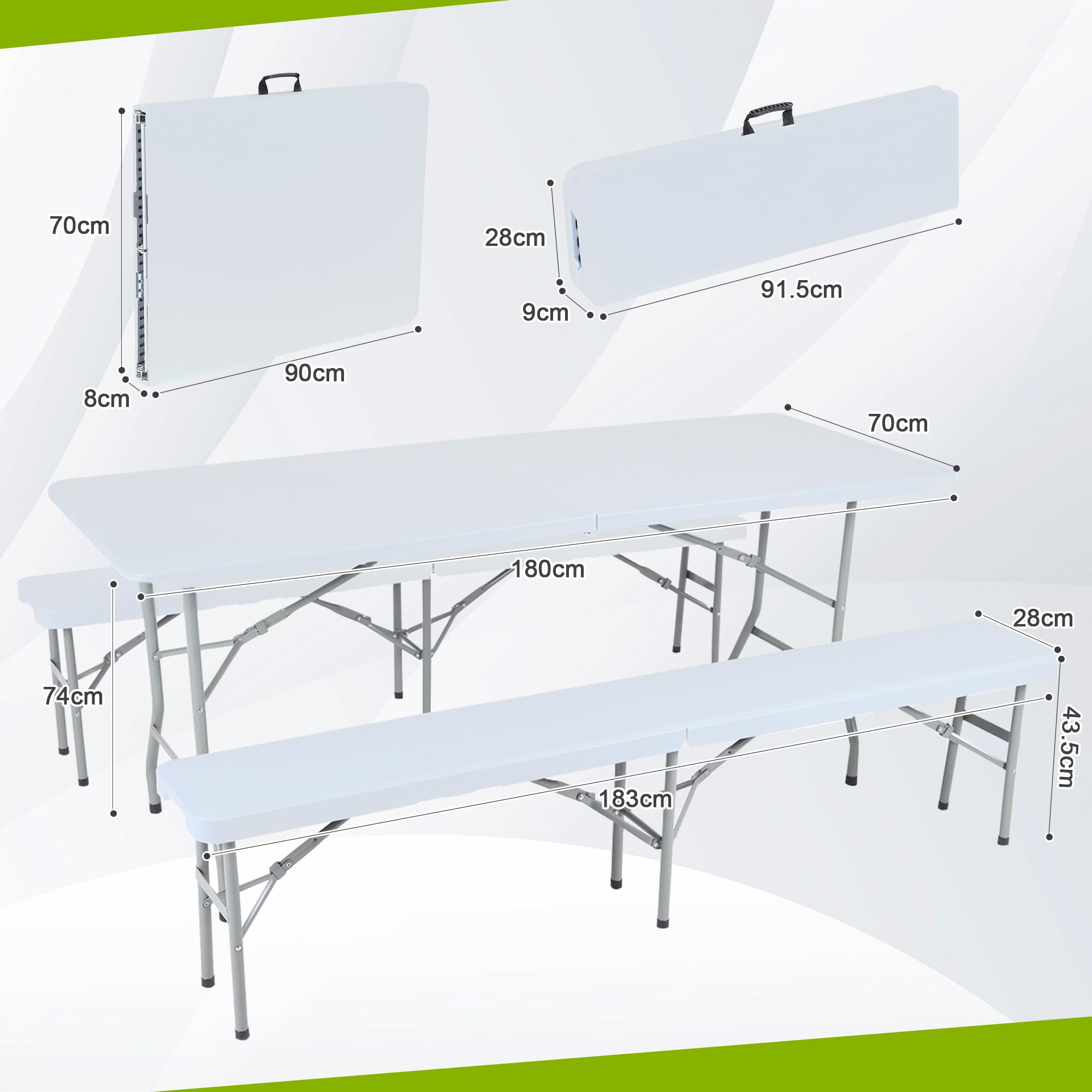 Strattore Plastic Beer Tent Set 2x Beer Bench 1x Folding Table Portable Marquee Set Foldable Folding Garden Set in White