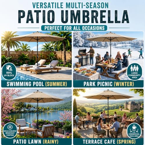 Image of Hukimoyo 8.5Ft Diameter Large Outdoor Patio Cantilever Offset Umbrella with Base Stand, Waterproof Heavy Duty Garden Parasol Sun Shade Canopy, Side Pole Umbrella for Backyard, Poolside, Deck, Lawn, Terrace, Cafe.