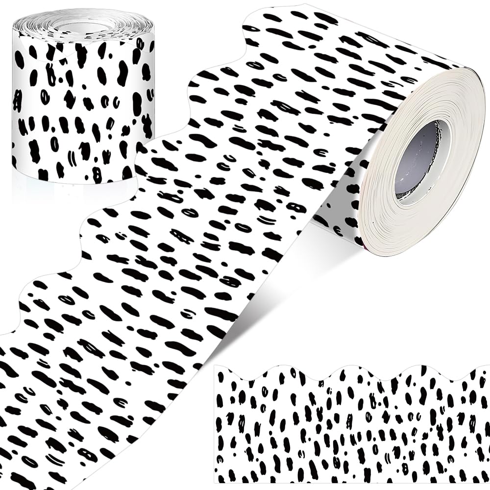 65FT Bulletin Board Borders Black and White Polka Dots Striped Grid Borders Decorative Straight Scalloped Wavy Rolled Trim Classroom Back to School Decor