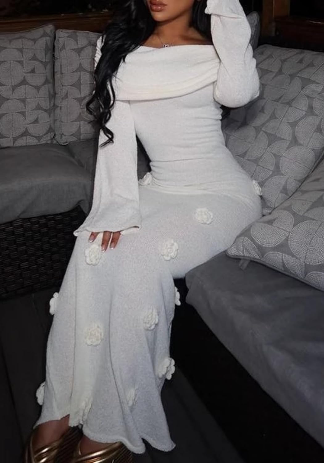 Unybwonn Women Sexy Off Shoulder Crochet Maxi Dress Bodycon Stretchy Mesh Knit Dress Long Sleeve Tube Top Elegant Dresses - Image 5