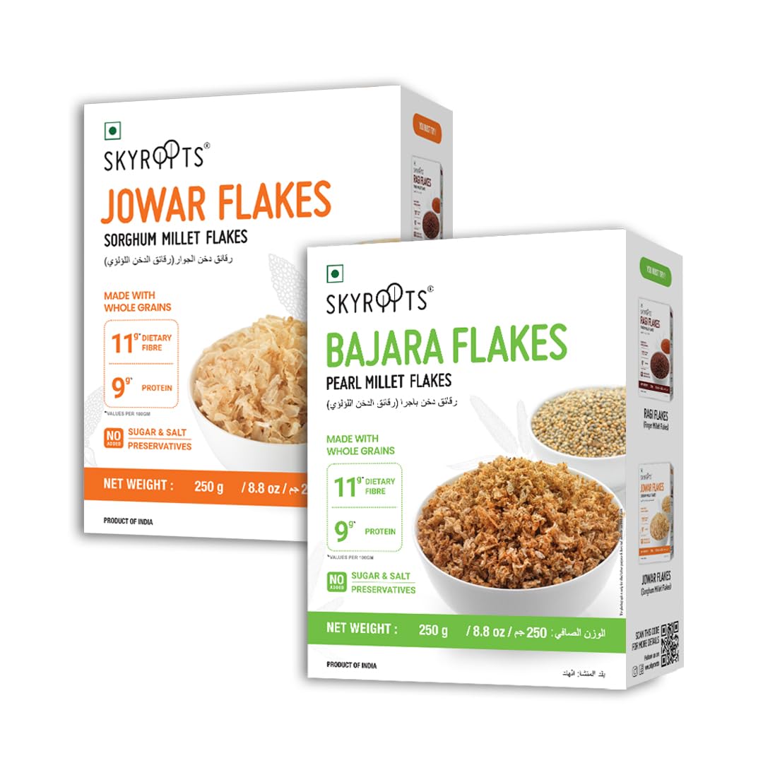 SKYROOTS Jowar & Bajra Flakes — Sorghum & Peral Millet | Protein & Fiber Millet Cereal | Nutritional Whole Grain Flakes | Corn Flakes | Iron Rich Breakfast for Men, Women & Kids | 500g (250g Each)