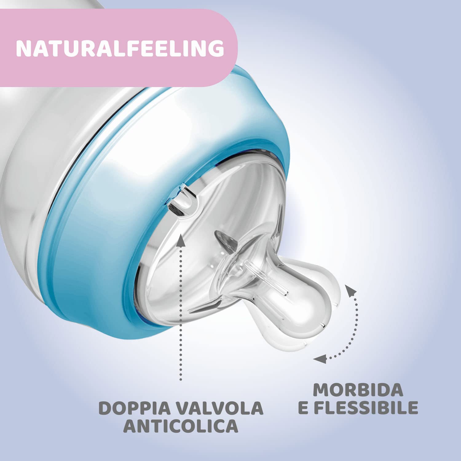 Chicco Natural Feeling Biberon Anticolica 6 Mesi + da 330 ml, Biberon con Tettarella in Silicone Morbida e Flessibile, Adatto per Allattamento Misto, Flusso veloce, Colore Azzurro