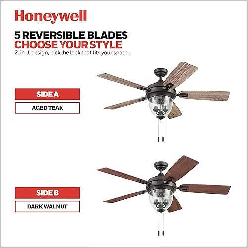 Miniatura 3 de Ventiladores de techo Honeywell 50615-01. Glencrest 52 pulgadas para interiores y exteriores, bombillas LED Edison, clasificación de humedad ETL,