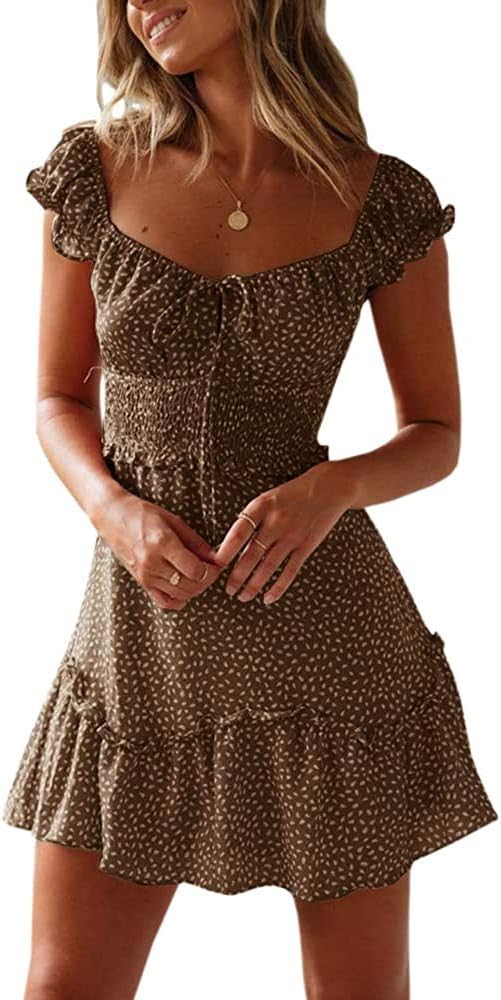 ValphsioWomens Smocked Dress Ruffle Floral Tie Front Boho Short Dresses