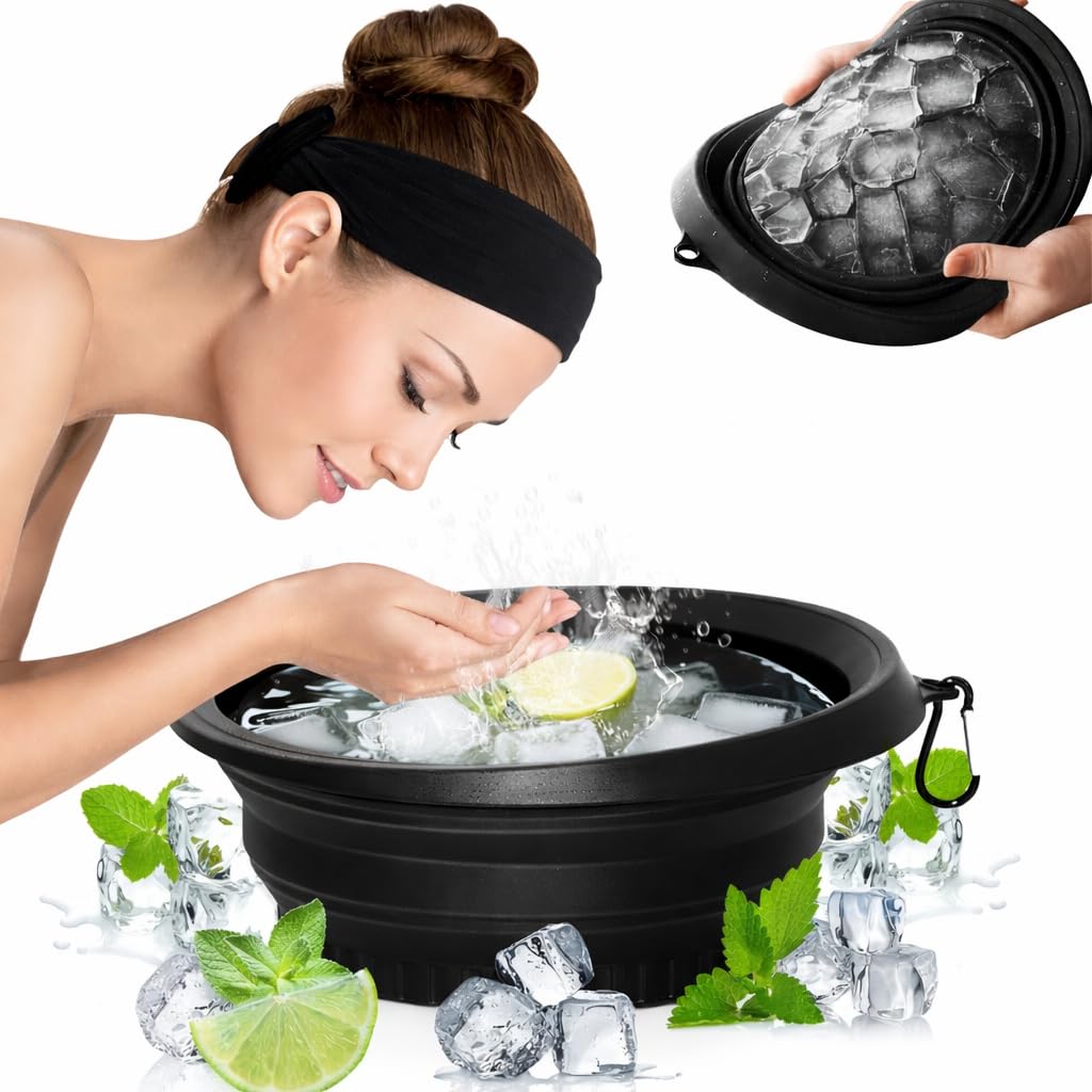 Silicone Collapsible Ice Face Bowl with Built-in Ice Tray | Foldable Facial Ice Bath Bowl for Face Dip & Skin Care | BPA-Free, Portable, Dishwasher Safe | For Men & Women (Black)-image-42