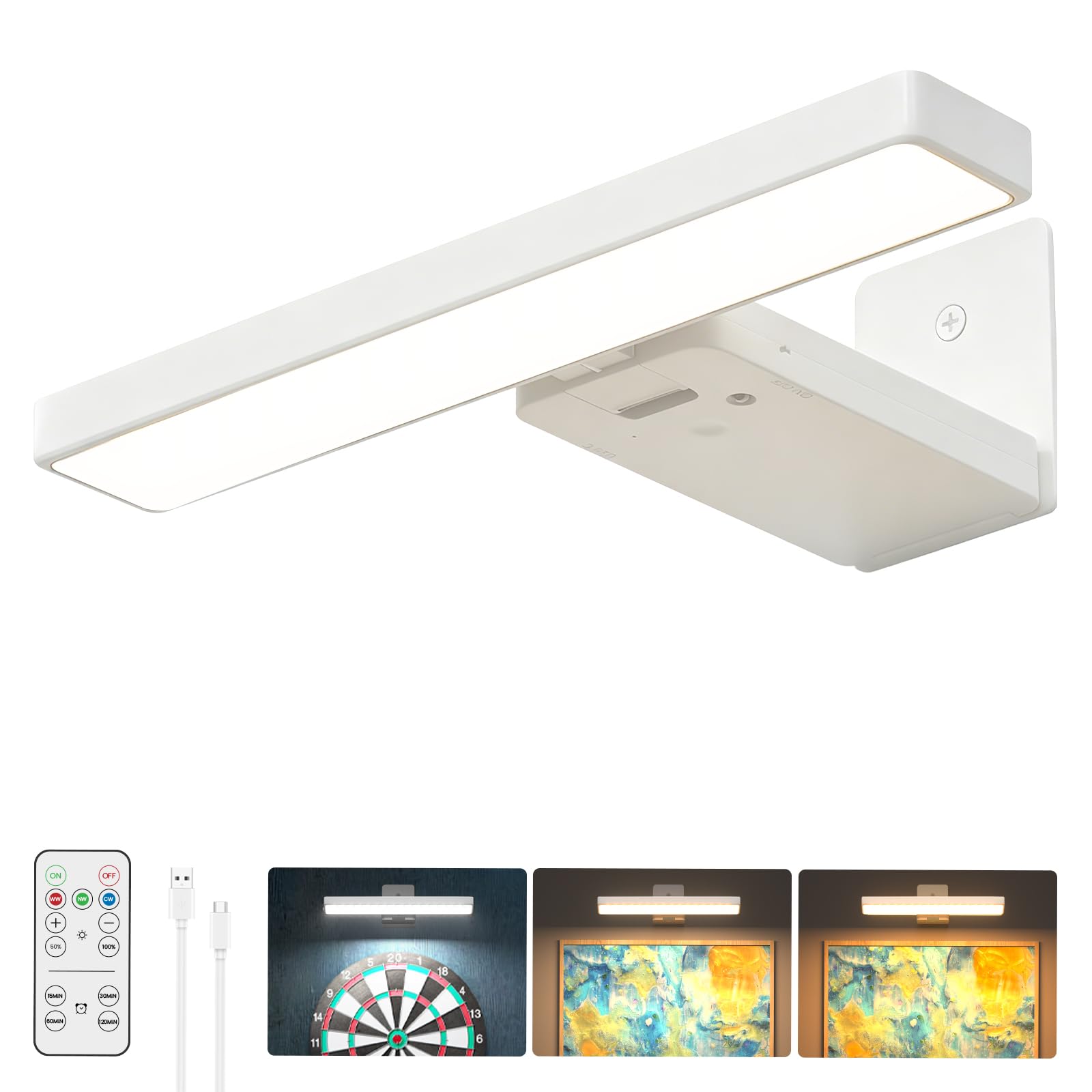 BrightArk Rechargeable Picture Lights for Wall, Battery Operated LED Wall Light with Remote Control, Adjustable Artwork Light for Picture, Dart Board, Frame, 3 Colour Temperatures, White