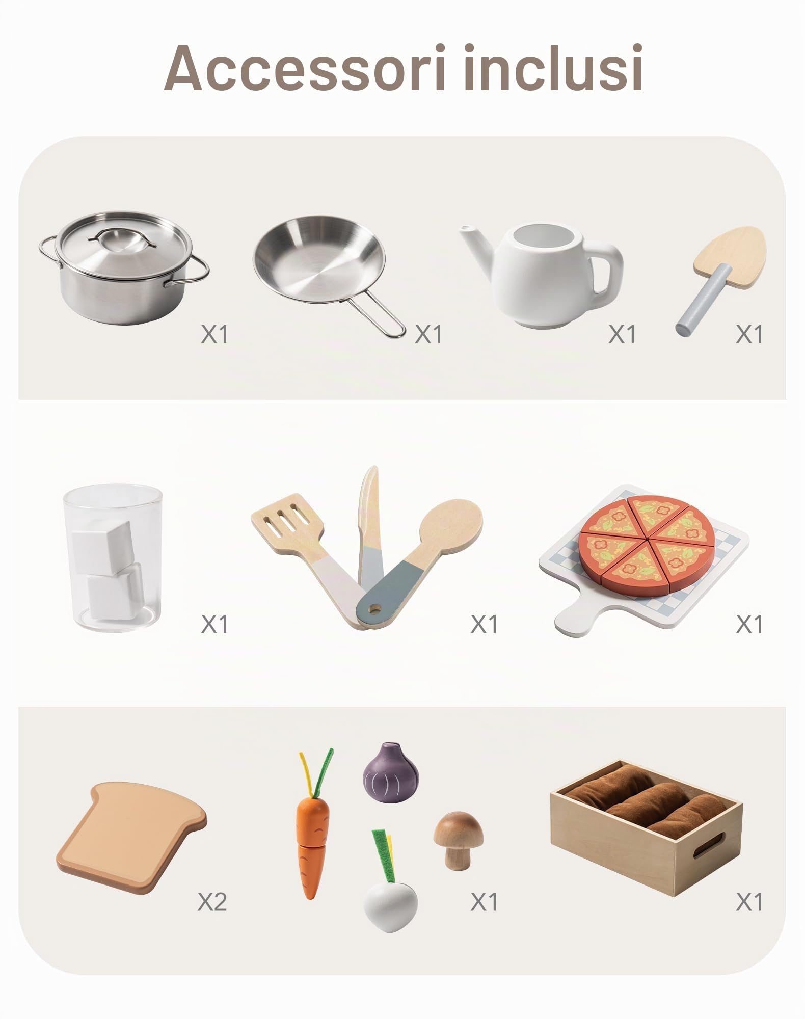 ROBUD Cucina Giochi per Bambini, Cucina in Legno con Fioriera, Tostapane e Macchina per il Gelato, Set da Gioco con Accessori per la Cucina, Pizza, Regalo per Bambini dai 3 Anni in Su