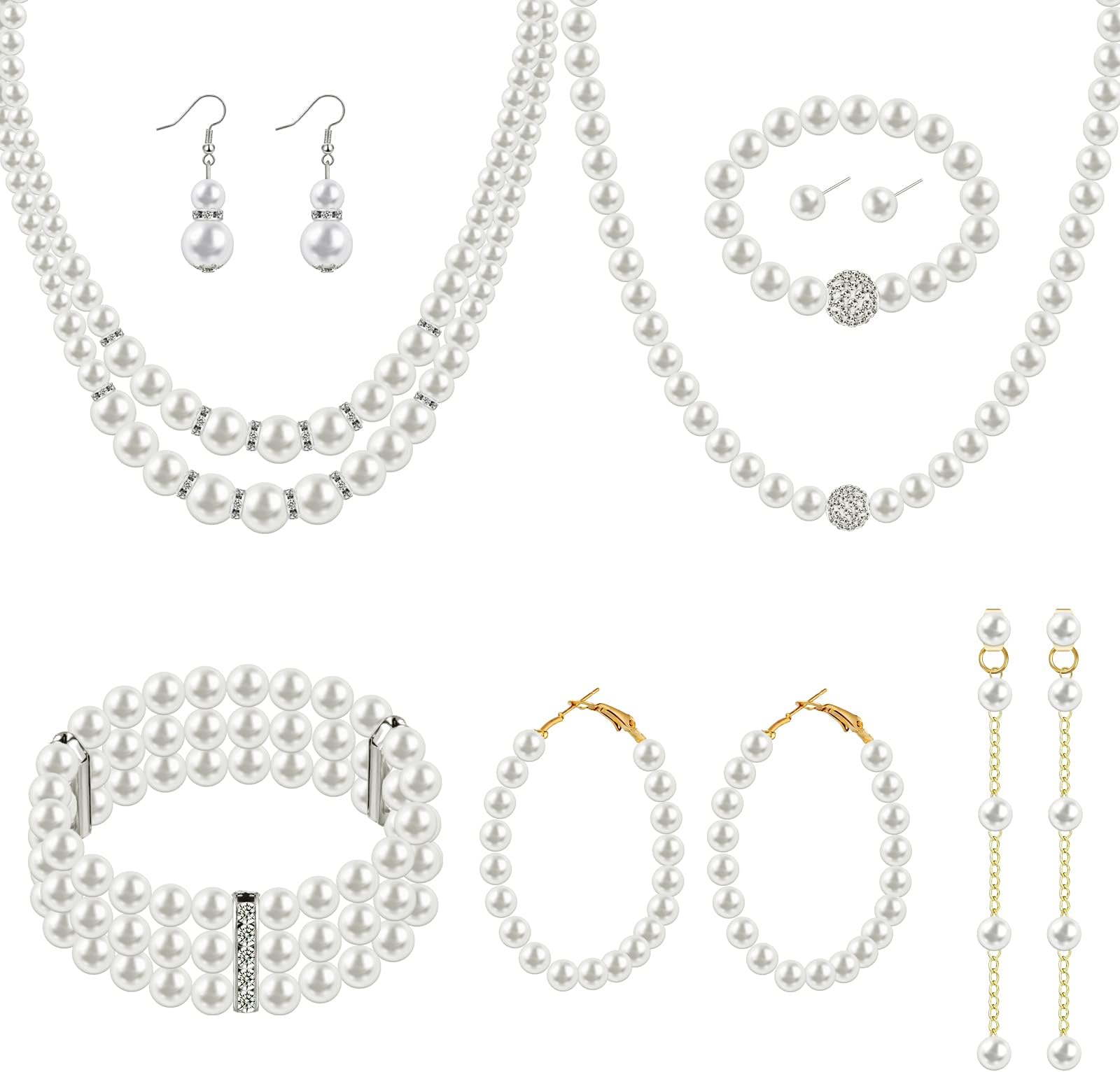 8 Pcs Pearl Rhinestone Jewelry Set for Women Pearl Necklace Bracelet Earrings for Wedding Birthday Bridal Tea Party