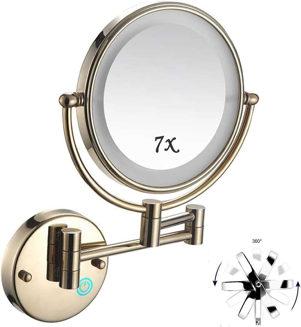 8インチ両面壁掛け化粧鏡、7倍拡大、360度回転LEDライト付き - バスルームや美容ルーチンに最適、完璧なアプリケーション