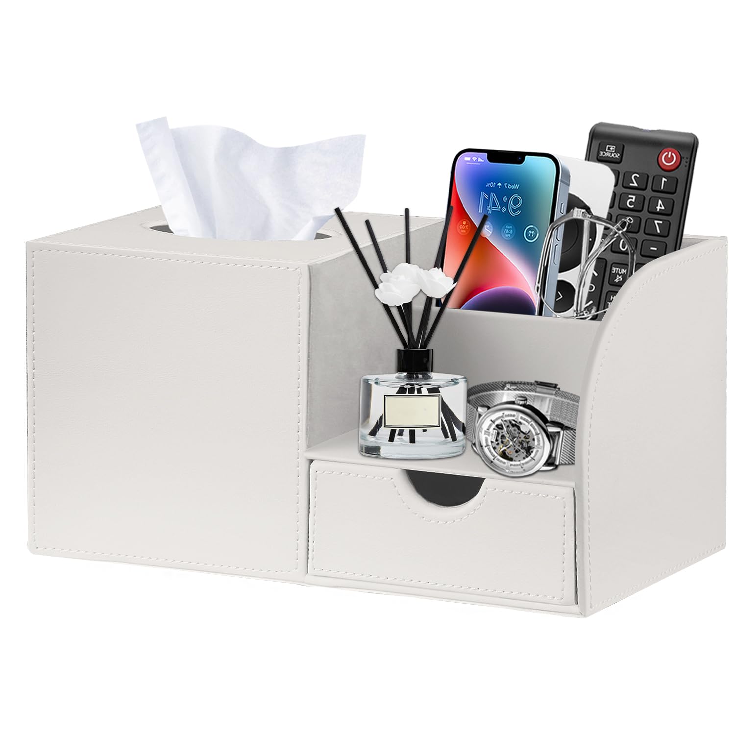 Nightstand Organizer with Tissue Holder,Square Kleenex Tissue Box Cover with Organizer, Decorative Modern Facial Paper Storage Box for Bathroom Living Room Vanity Table Countertop Office