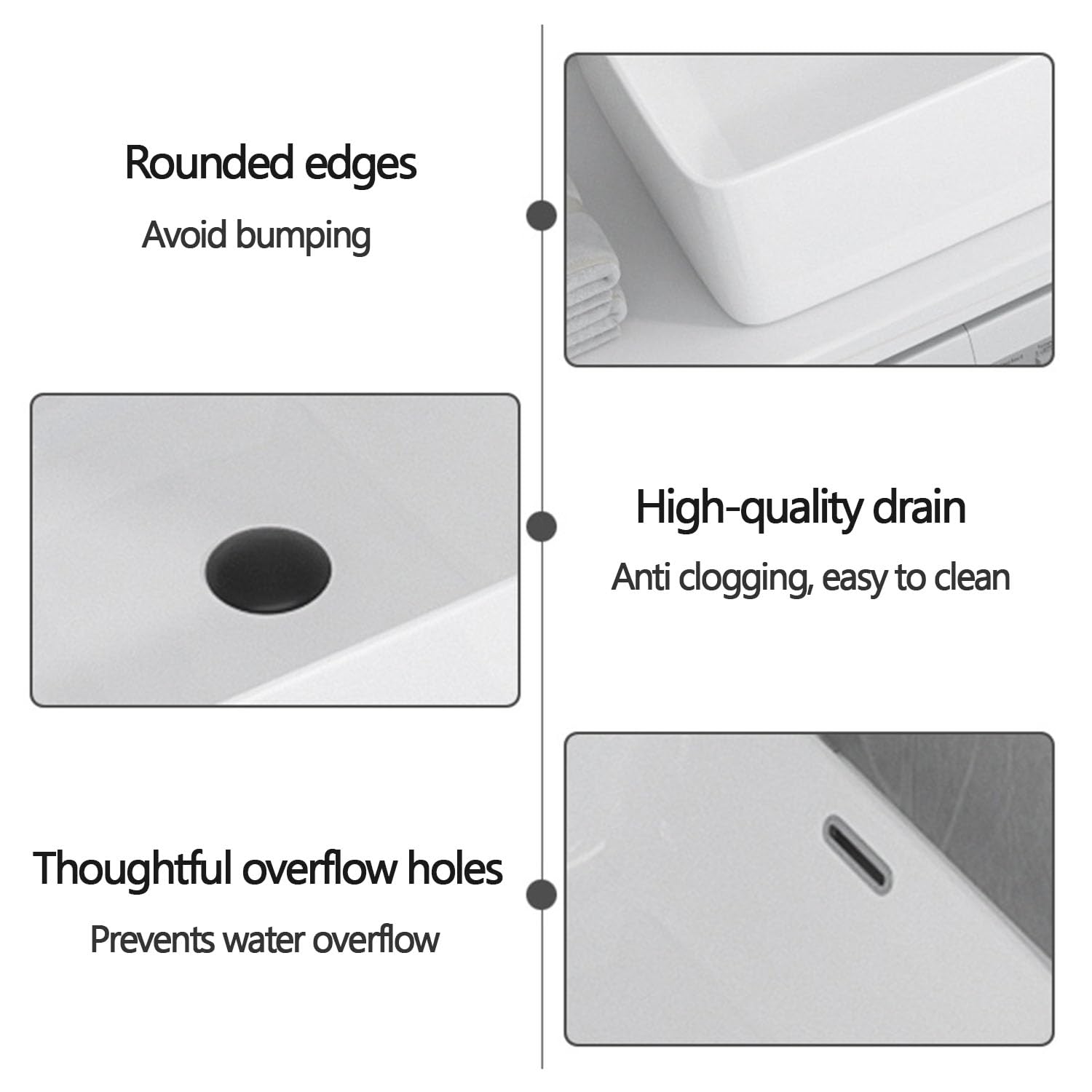 Lavabo da Appoggio in Ceramica con Troppopieno, Lavello Rettangolare Moderno con Scarichi Laterali e Scarico Pop-up per Bagno e WC degli Ospiti