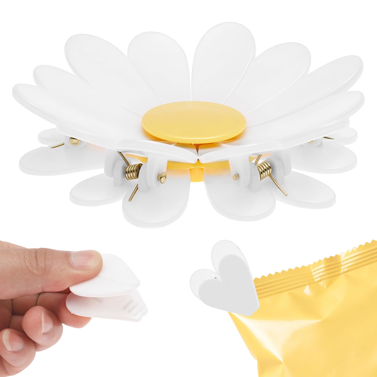 Kuanght 6Pcs Magnetic Flower Bag Chip Clips, Daisy Magnetic Fridge Clip for Office Organization and Home Storage, Decorative Bag Sealing Clips for Chips, Snacks and Bread(White)