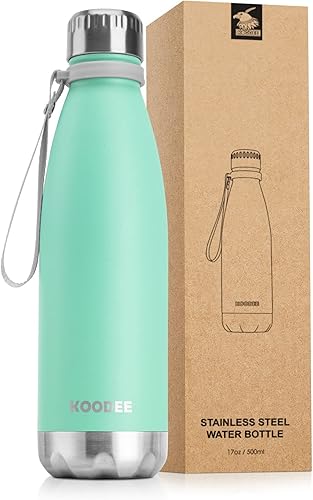 koodee Botella de agua aislada, 17 onzas, de acero inoxidable, doble pared, al vacío, con forma de cola, a prueba de fugas, botella de agua