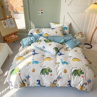 100% Cotton Duvet Cover Double Size Kids Boys Girls Cartoon Dinosaur Bedding Set Cute Animal Dinosaur Printed Quilt Cover All Season Bedding Set, 200×200 cm
