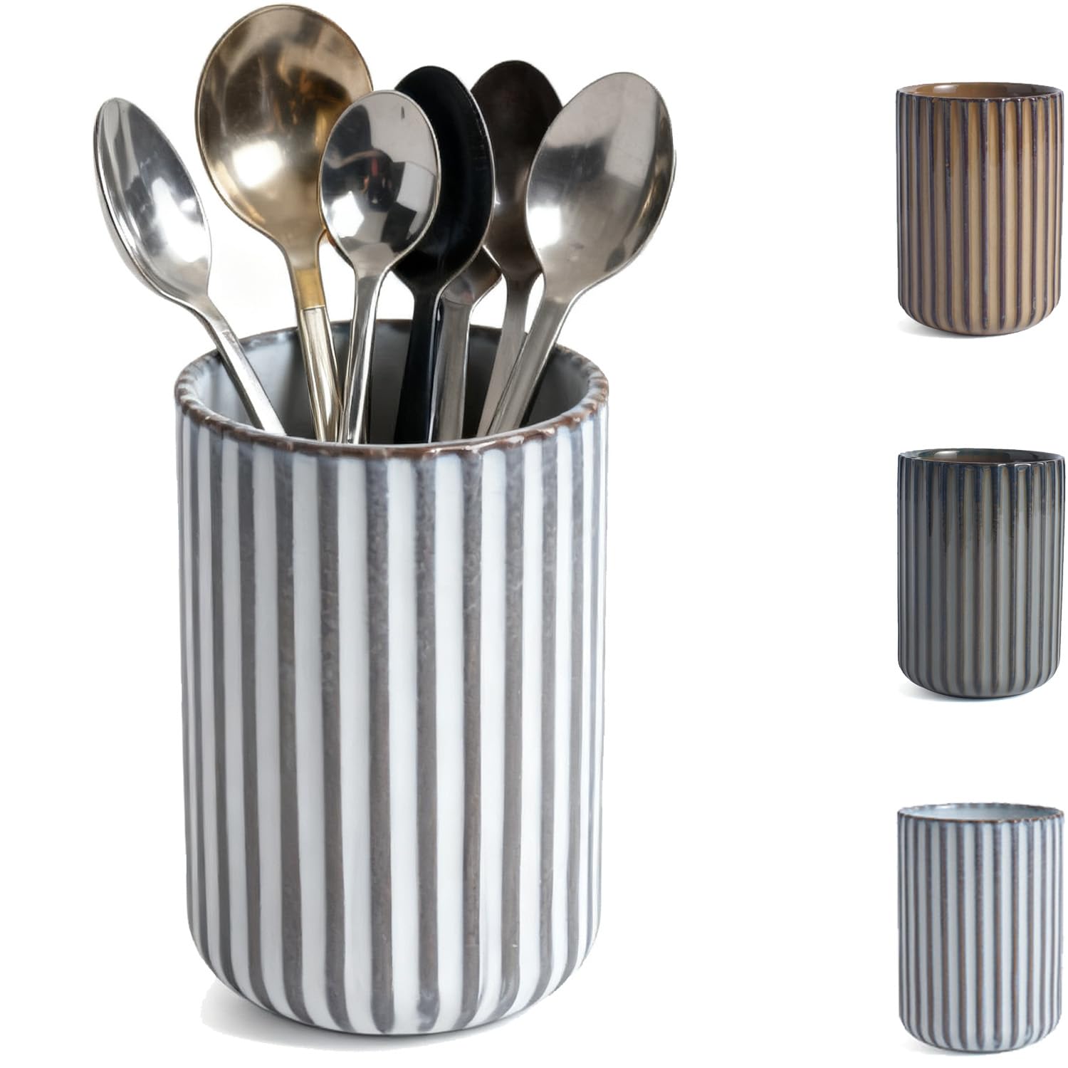 DBZQSCW Coffee Bar Utensil Holder, Tea Coffee Spoon Stirrer Holder for Stir Stick Straw Teaspoon Holder Spoon Cup Small Utensil Jar Fluted Vertical Stripe (White)