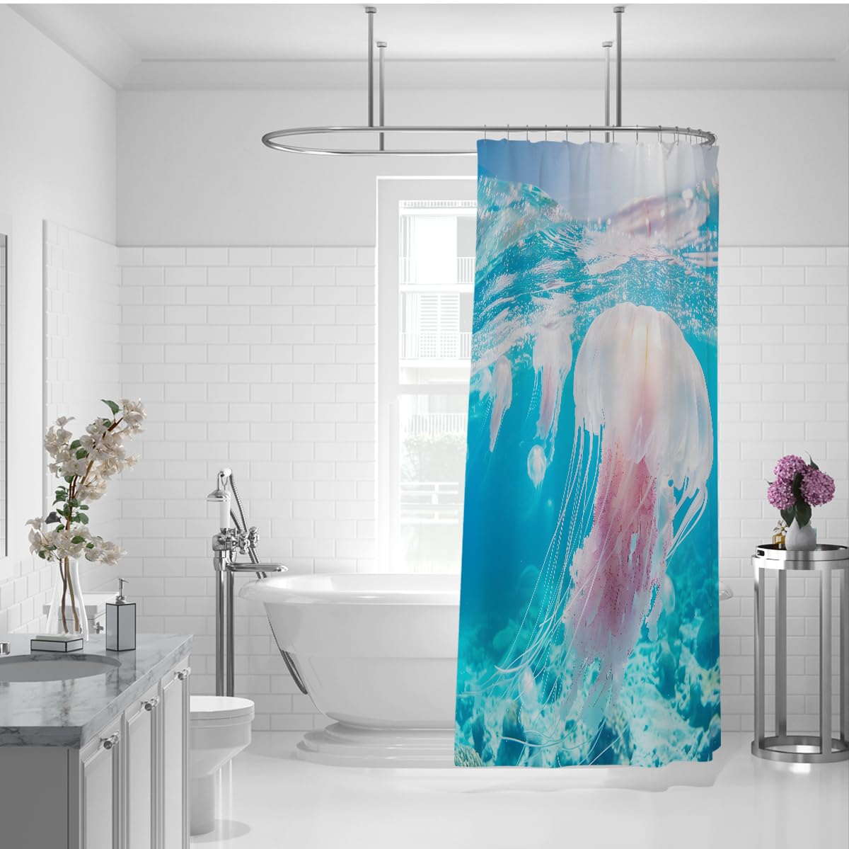 Rosa und weiße Quallen Duschvorhang Meeresleben Ozean-Badezimmerdekoration Wasserdichter Stoff-Badevorhang Schnelltrocknung Polyester mit blauen Haken 150 x 200 cm