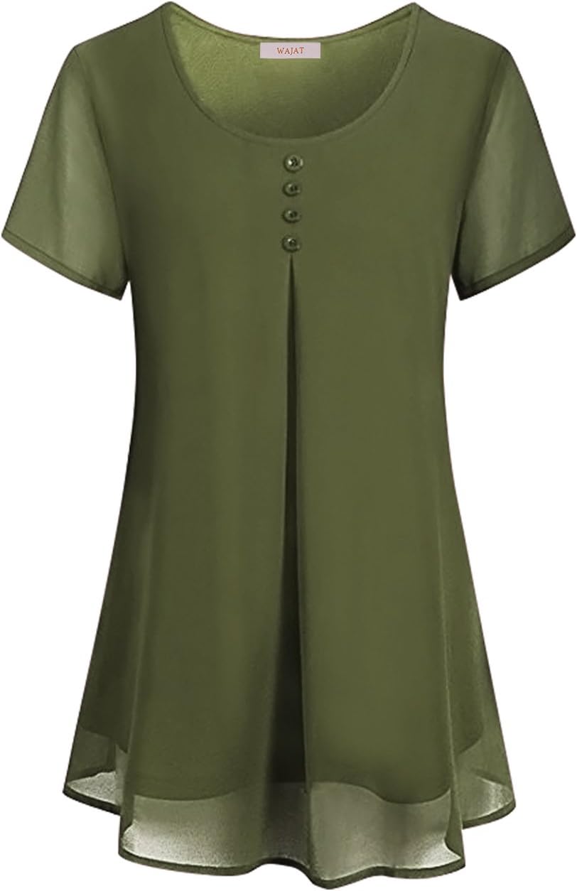 WAJAT Women's Summer Layered Crew Neck Pleated Soft Chiffon Blouse Tops