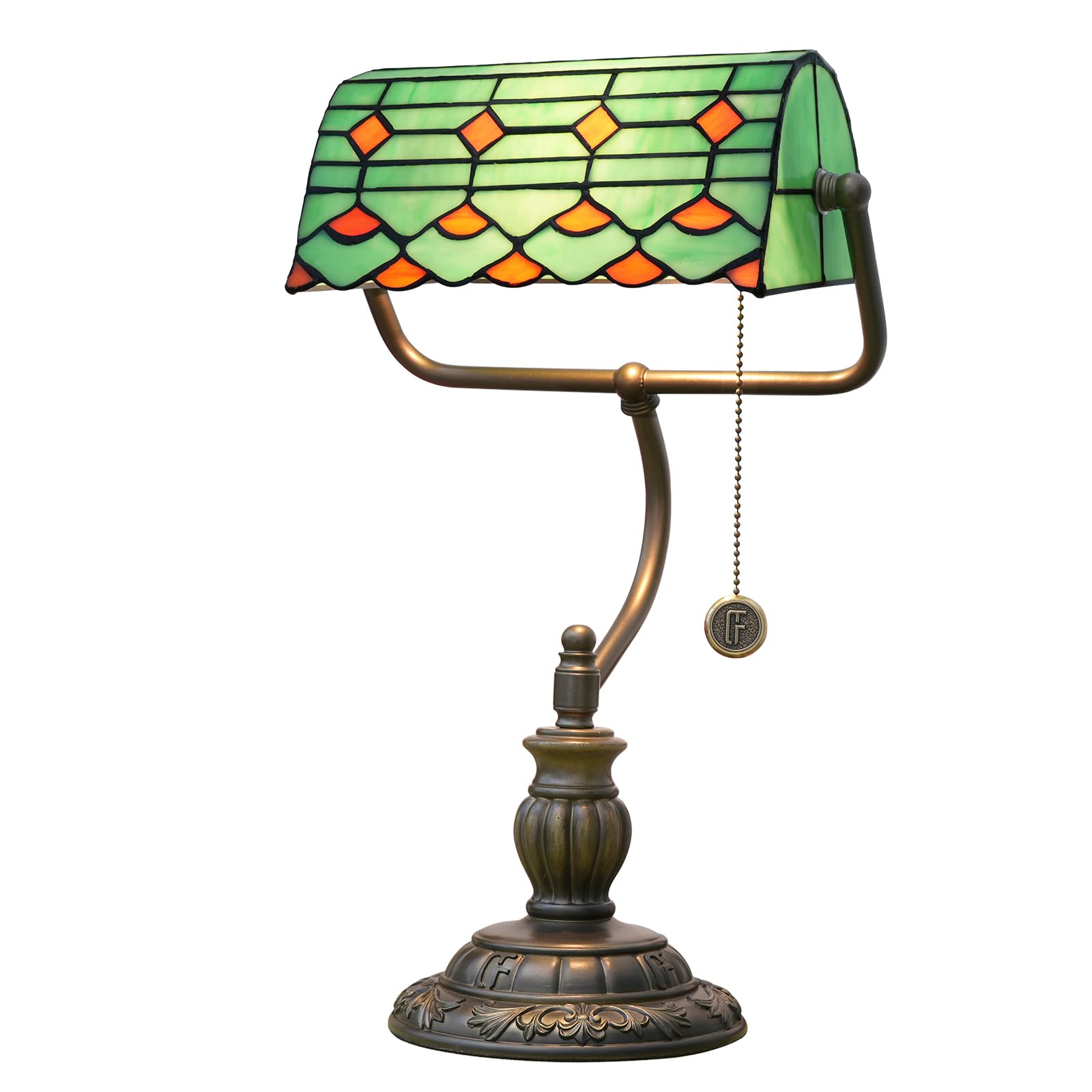 Blivuself Tiffany Style Green Banker Desk Lamp Red Stained Glass Lamps Vintage Bedroom Bedside Study Zipper Pull Chain Retro Office Adjustable Nightstand Aesthetic Antique Accent Reading Desk Light