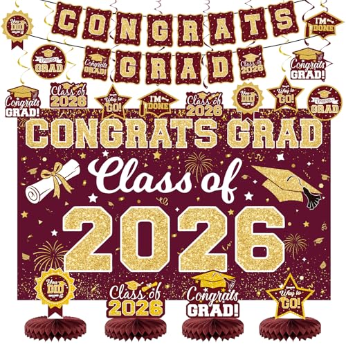 2026 Graduation Decorations Set - Class of 2026 Congrats Grad Backdrop Banner, 2026 Grad Ceiling Décor and Table Centerpieces for College High School Classroom Grad Party Supplies (Maroon Gold)