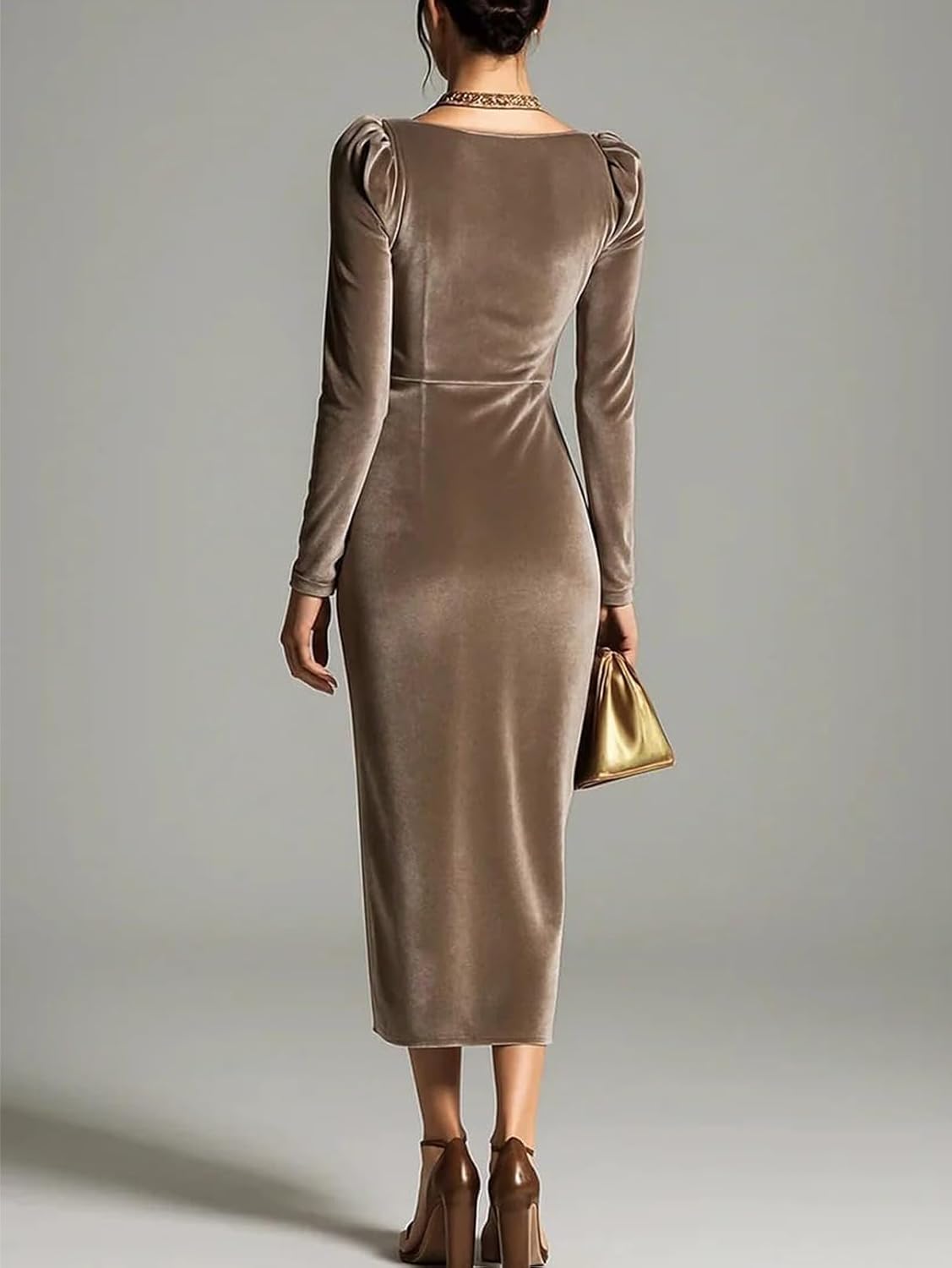Velvet Long Sleeve Fall Wedding Guest Dresses Cowl Neck Ruched Midi Cocktail Dress with Slit