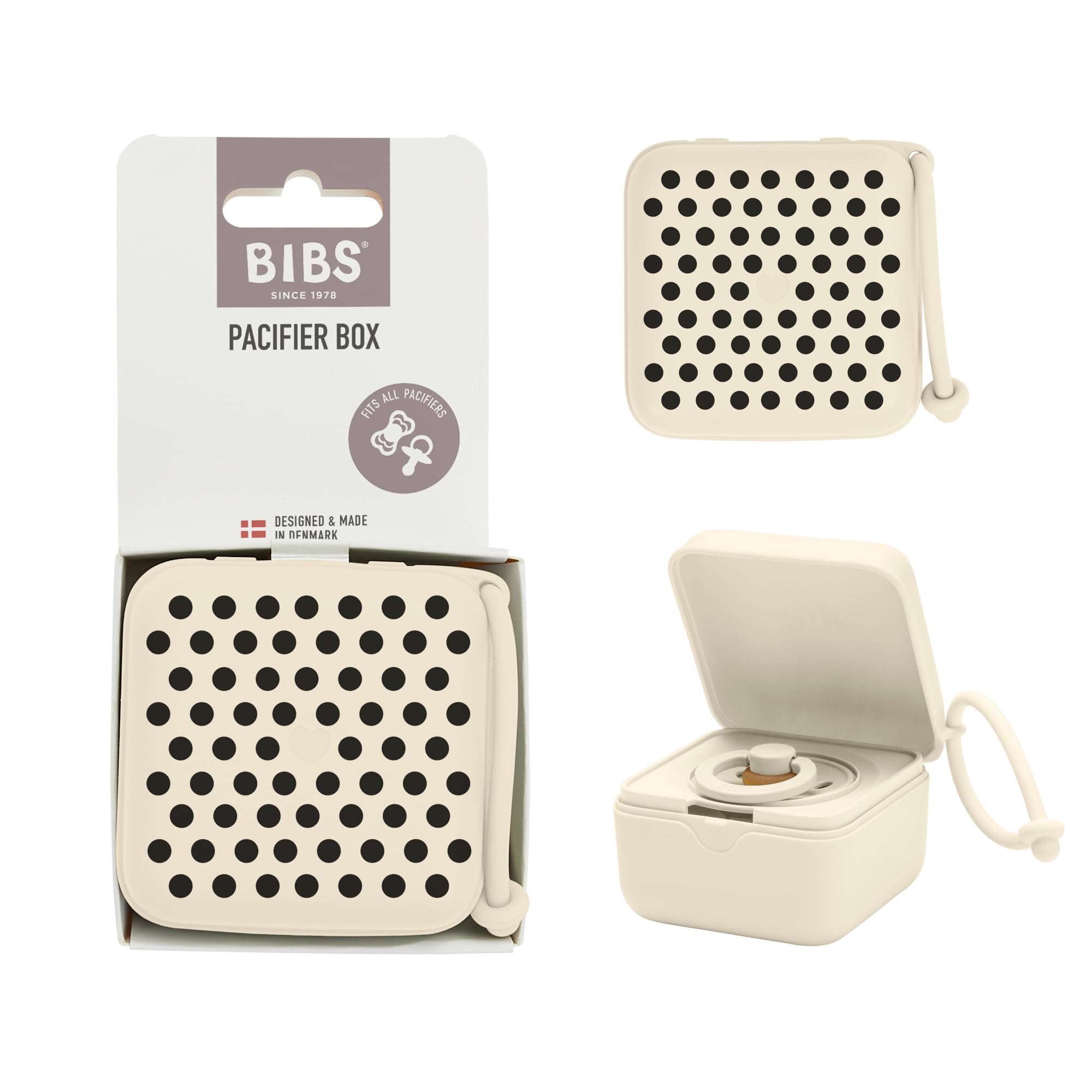 BIBS Pacifier Box Polka Dots with Strap. Soother Holder and Steriliser case. 100% BPA Free Food-Grade Material. Made in Denmark. Ivory