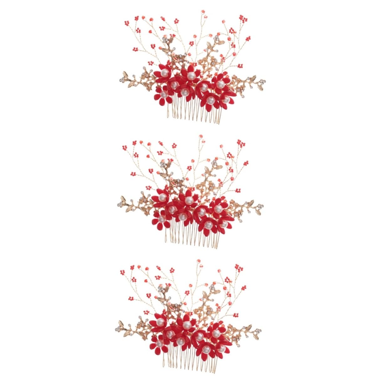 minkissy 3pezzi Pettinino Per Perle Fatte Mano Accessori Da Sposa Eleganti Per Matrimoni e Feste Design Floreale Rosso Per Donne e Ragazze