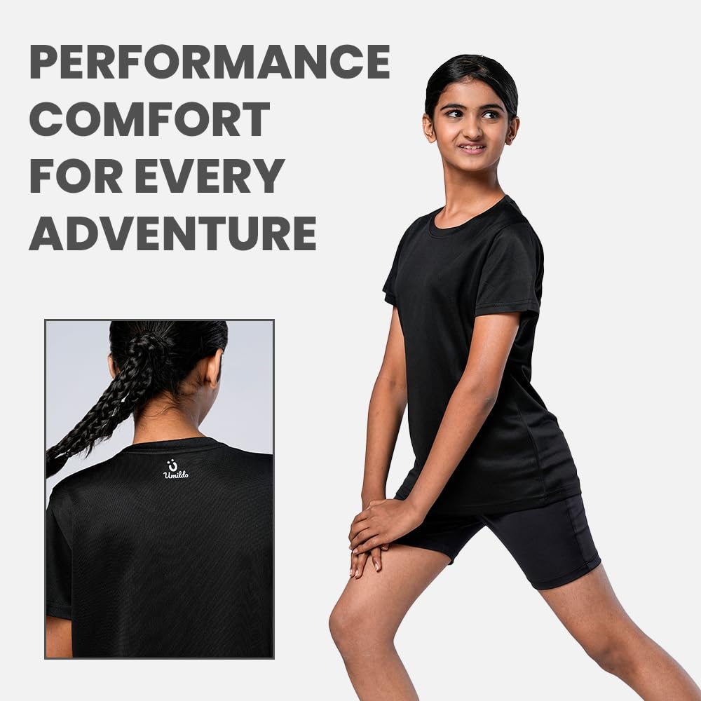 UMILDO Girl's Active Sports Wear Solid Short Sleeve Running Workout Tshirts Athletic Tops Lightweight Quick Dry Training Yoga Round Neck Tshirt_GT16 Black 3