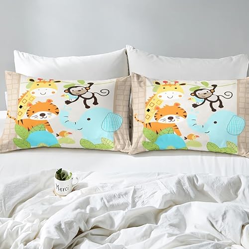 Miniatura 4 de Funda de edredón de animales salvajes de dibujos animados para niños pequeños, juego de ropa de cama kawaii jirafa, tigre, mono, elefante, funda de