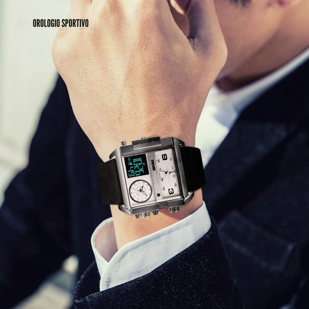 SKMEI Orologio da polso digitale sportivo da uomo, con quadrante quadrato grande, al quarzo, con cronometro impermeabile multi-fuso orario