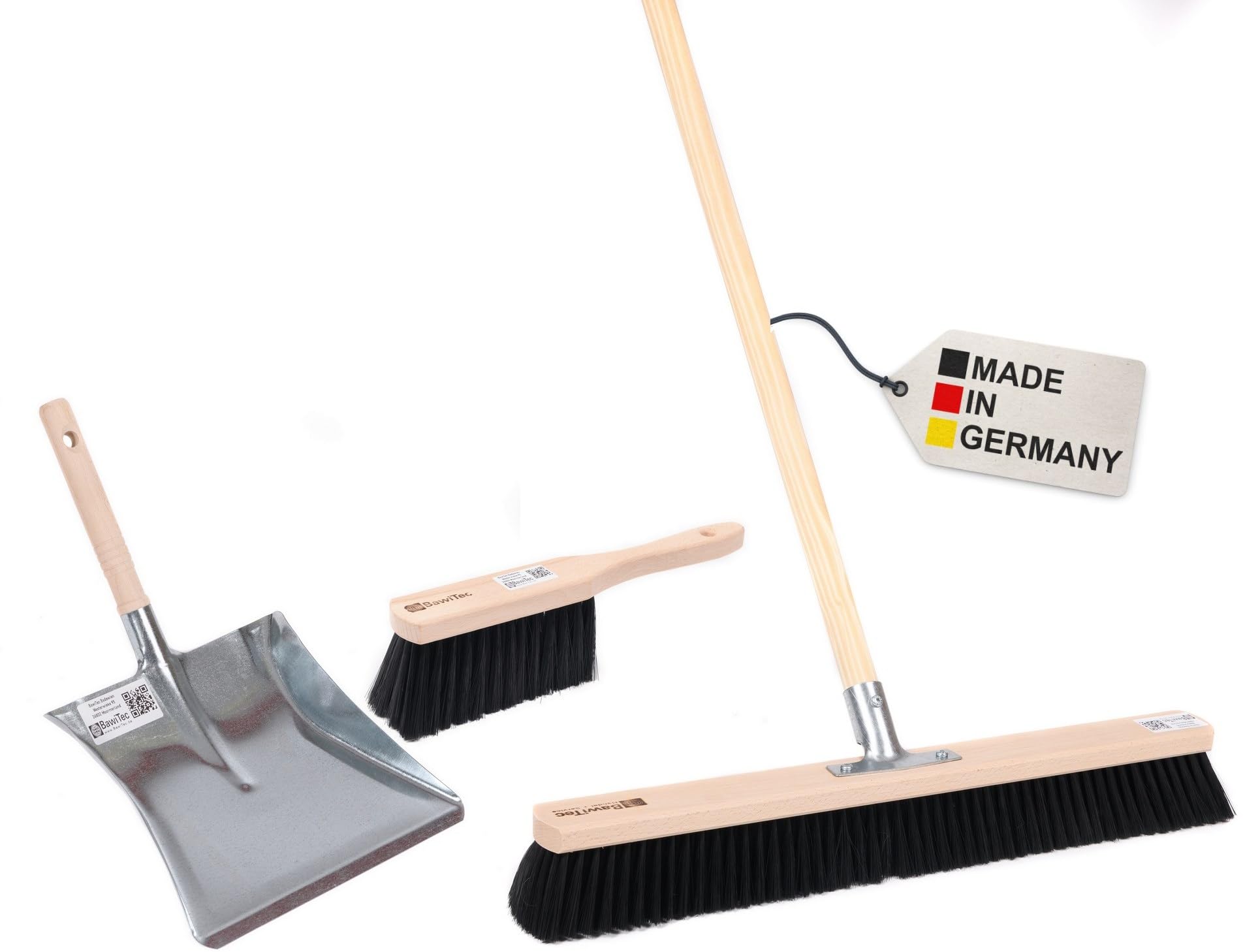 BawiTec Profi Kehrbesen Set Kehrset Besen 60cm Saalbesen #0808 Stiel Ø28mm,Holzstiel Länge 160cm,Handfeger 28cm,Metall-Kehrschaufel mit Holzgriff,feine weiche Kunsthaar-Borsten,Industriebesen