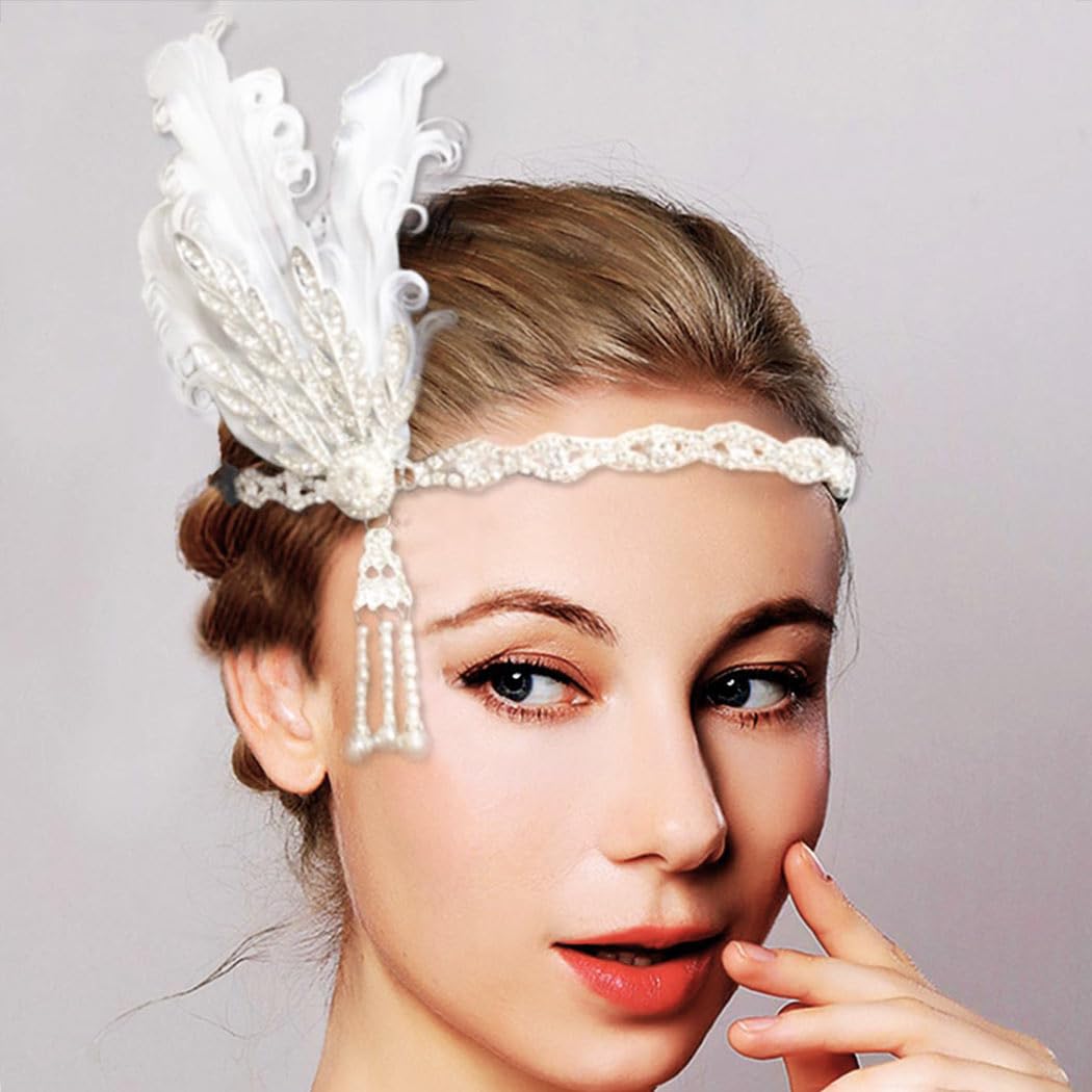 Amazon.com : CASDRE Feather Headband White Pearl 1920s Headpieces