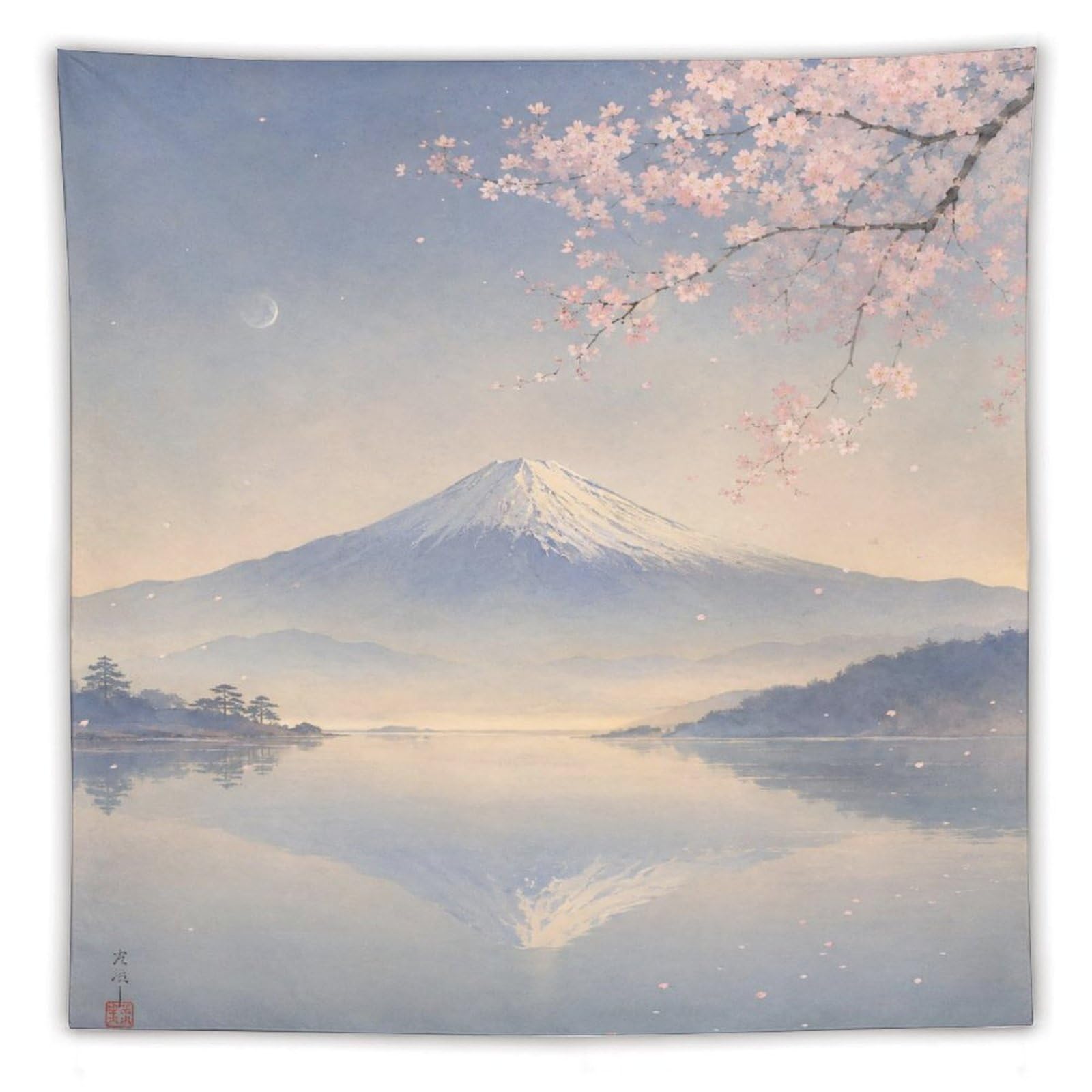 W7C8U2X3 Mount Fuji Lake Reflection Wall Tapestry, Ukiyo-e, Cherry Blossom