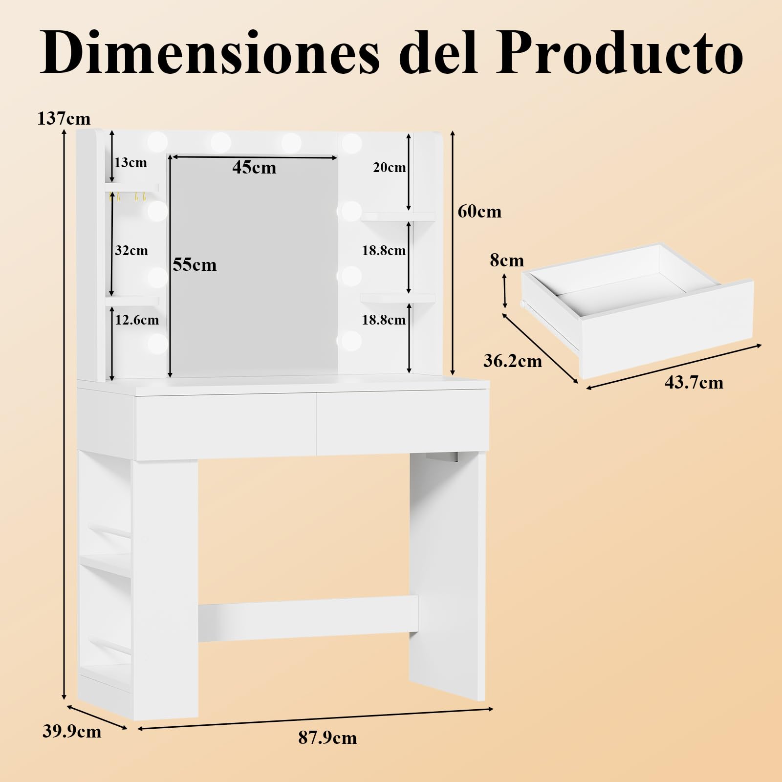 Devoko Tocador de Maquillaje con Luces LED,Brillo Ajustable,Tocador con Espejo,2 Cajones, Enchufe Eléctrico y Almacenamiento Lateral Abierto para Muebles de Dormitorio (Blanco)