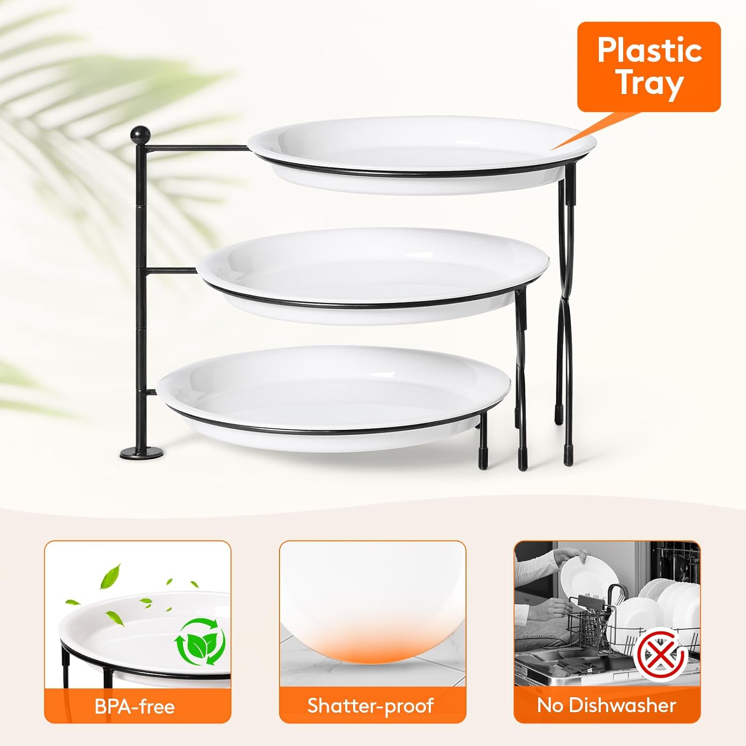 Lifewit Plastic 3 Tier Serving Tray for Party, 25 cm/10" White Reusable Round Serving Platters with Gold Collapsible Metal Stand, Decorative Dessert Table Display Set for Veggie, Fruit, Cookies