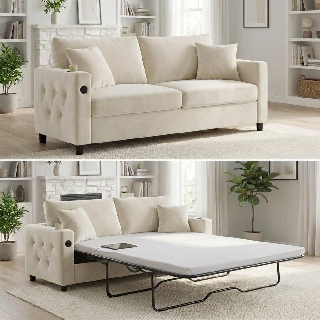 Mjkone 80" Queen Size Pull Out Sofa Bed, Velvet 2-in-1 Convertible Sleeper Sofa Bed with Memory Foam Mattress, Cup Holder, USB Charging Ports，Guest Couch Bed for Living Room, Small Spaces - Beige